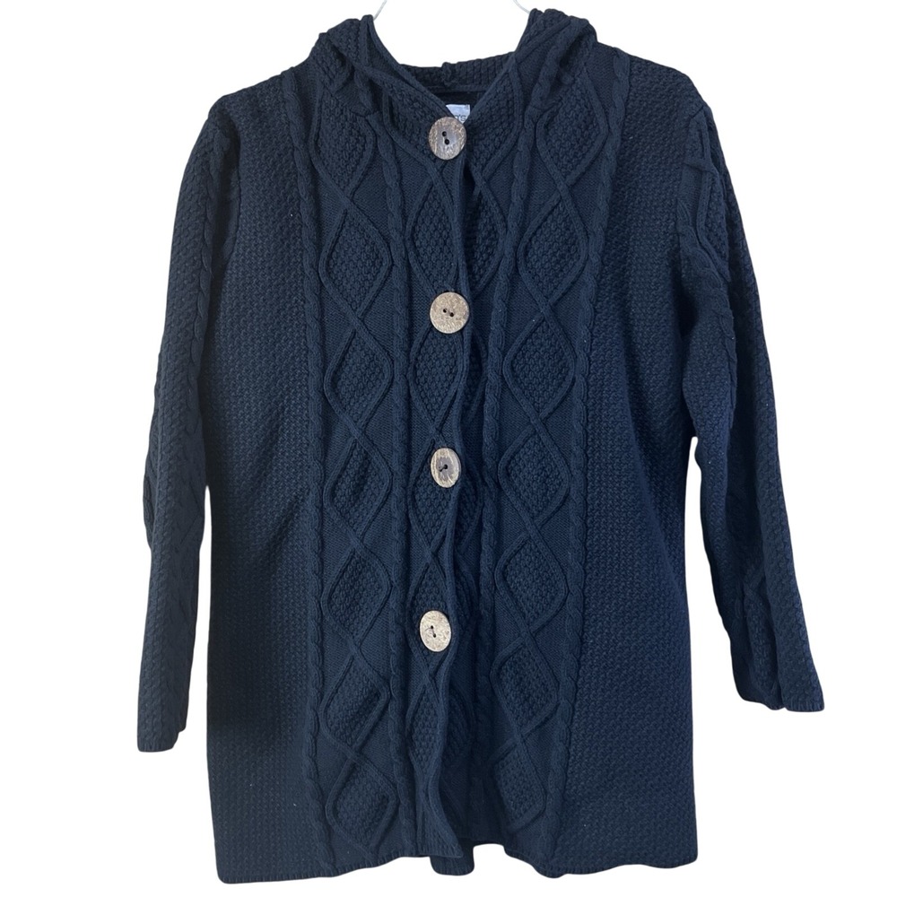 Chico's Cardigan Women 2 M Black Hooded Cable Knit Diamond Button Front Longline